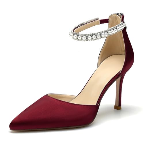 Image of Pointed Toe Pearl Wedding Shoes for Bride White High Heels Satin Bridal Shoes Zipper Back Evening Party Dance Dresses Shoes Pumps for Women