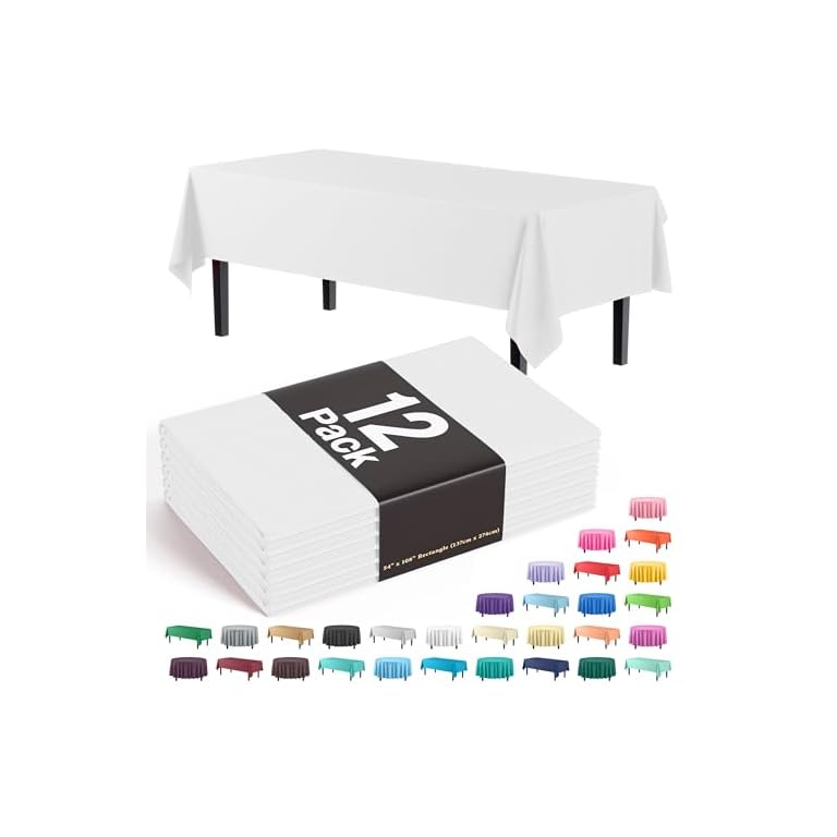 Exquisite 12-Pack Premium Plastic Tablecloth 54 Inch. x 108 Inch. Rectangle Table Cover-White