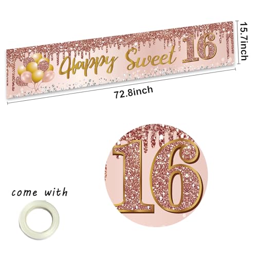Image of Excelloon Sweet 16 Party Decorations for Girls, Pink Rose Gold Happy 16th Birthday Yard Banner Party Supplies, 16 Year Old Teenager Bday Background Sign for Outdoor Indoor