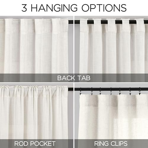 Image of Nanspring Extra Long 112 Inch Long Beige White Linen Curtains Back Tab Neutral Farmhouse Light Filtering Semi Transparent Large Windows Ceiling to Floor for Living Room 2 Pack