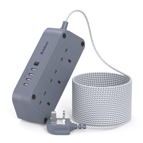 Gray Extension Lead with USB Slots，6 Way Outlets 5 USB(5A, 3 USB- C Port) with 5M Braided Extension cord, 3250W Overload Protection，Security Surge Protection Plug Extension Socket