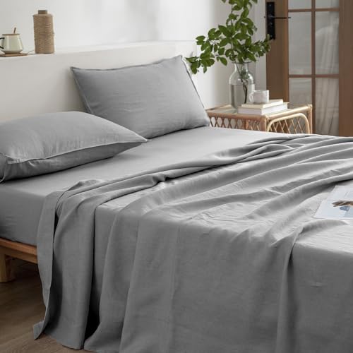 EVERLY Linen Sheets Set King Size,100% French Stonewash Pure Linen Sheets Set,4Pieces (1Flat Sheet,1Fitted Sheet,2Pillowcase) Suitable for Hot Sleepers,Deep Pocket Natural Bedding Set-Light Grey