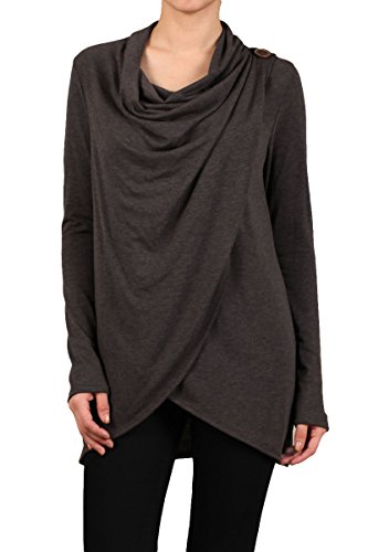 HEYHUN Womens Casual Cowl Neck Draped Button Detail Longsleeve Top S-3XL