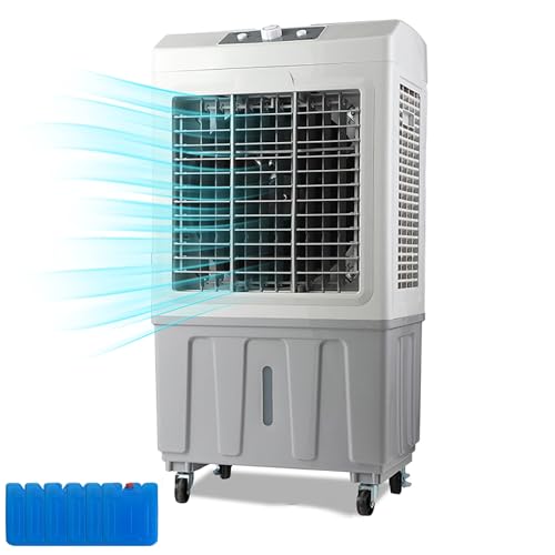 Enfriador de aire evaporativo portátil, control de perilla de 150 W para grandes espacios, garaje comercial, uso al aire libre, incluye 6 paquetes de hielo, 3 ajustes de velocidad