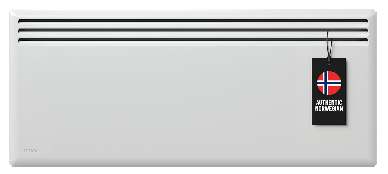 Radiador eléctrico Nobø NFK4N bajo consumo 1250W blanco, convector eléctrico pared con termostato inteligente NCU-2Te, radiador wifi con temporizador, IP24, programas semanales, protección antihielo