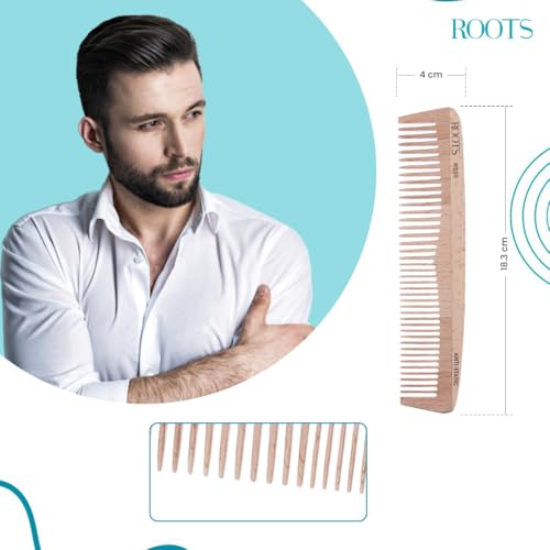 Image of ROOTS Wooden Comb | Dual Teeth For Styling & Detangling | Rounded Teeth prevent Hair damage | 100% Natural Wood | Anti-Frizz | For Dry Hair | For Men & Women | Length - 7.2 Inch | Model No - WD30