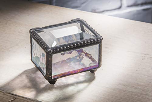 Ring Box Small Glass Jewelry Wedding Engagement Ring Dish Display Keepsake Trinket Case Gift Clear Iridescent Stained Glass J Devlin Box 325 #TOP1