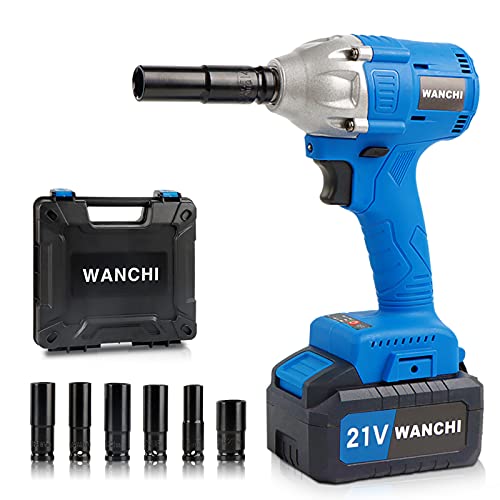 Brushless Cordless Impact Wrench 1/2 inch Impact Gun for Car Lug Nuts,1H Fast Charger,Max Torque 266 Ft.lbs, WANCHI 21V Electric Impact Wrench with Battery Charger 6 Sockets and Case.