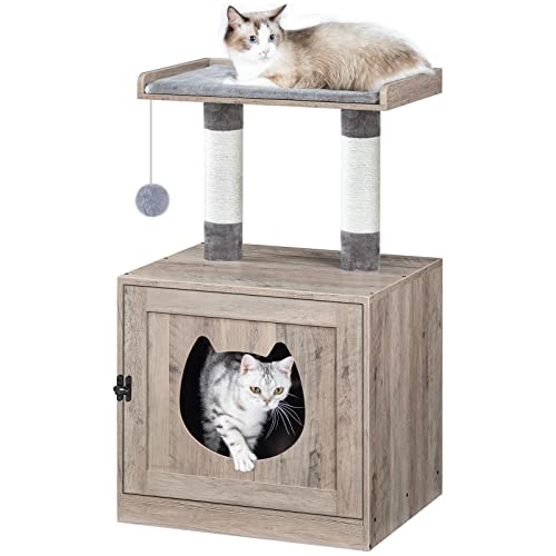 Hoobro Litter Box Enclosure With Cat Tree Tower, Litter Box Furniture Hidden With Cute Entrance, Private Washroom With Sisal Scratching Posts, Cat Head Door And Large Platform, Greige Bg11Mw03 #TOP6