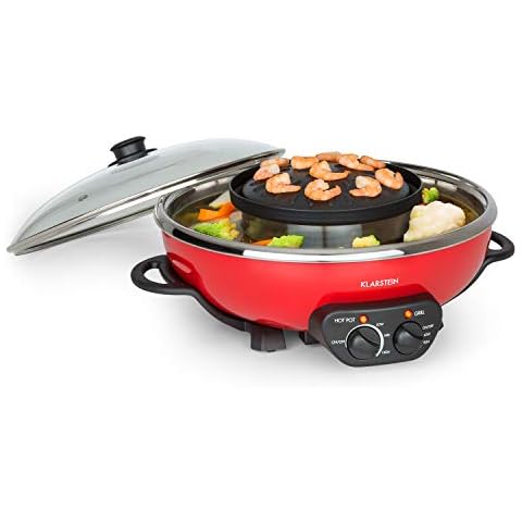 Klarstein Szechuan - Hot Pot und Grillplatte, Hot Pot Topf Volumen: 5 Liter, Hot Pot Grill 1350 Watt / 38 cm Ø, Grillplatte: 600 Watt / 22 cm Ø, Heizelement aus Aluminium, rot Cover