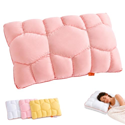 Bazuo Cooling Marshmallow Puff Pillow, Quilted Cool-Touch Bed Pillow for Adults, Cloud-Like Fluffy Sleep Pillow with Neck Support for Side Back Sleepers (Comfort Pink)
