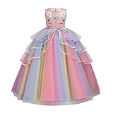 Kinder Mädchen Einhorn Kostüm Kleid Prinzessin Langes Abendkleid Maxikleid Blumenmädchen Hochzeit Brautjungfer Regenbogen Tüllkleid Geburtstag Partykleid Faschingkostüm Verkleidung Rosa 3-4 Jahre