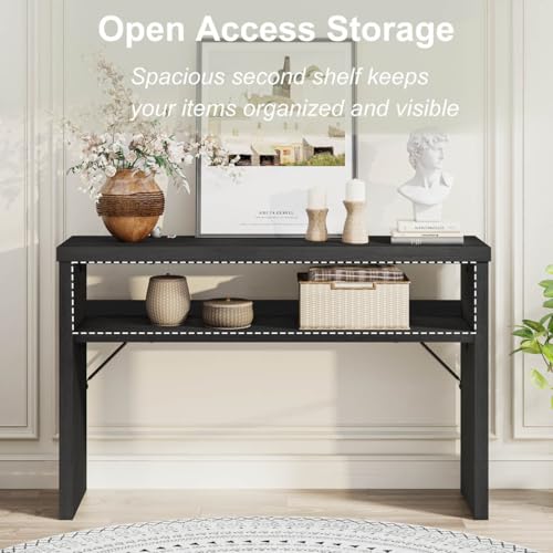 BON AUGURE Console Table with Storage, Black Entryway Table, Wooden Couch Tables Behind Sofa for Living Room, 2 Tier Front Door Entrance Tables (Black Oak, 47 Inches)