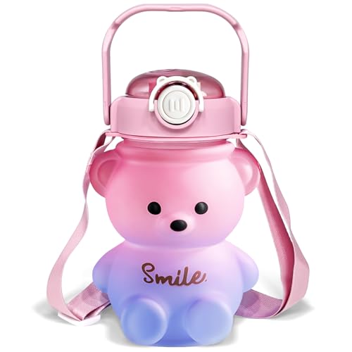 Bouteille d'eau ours kawaii rose avec paille et sangle CLWVPCOT - 2