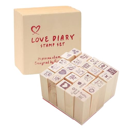 25Pcs Small Heart Shape Wooden Rubber Stamps with Box Mini Cute DIY Diary Stamps Set for Craft Decorating Scrapbooking and Wedding Invitation Cards (Red 25pcs Love)
