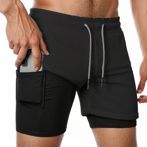 Pantaloncini da corsa per uomo, atletica, palestra, leggeri, con tasche, per allenamento, allenamento, nero, L