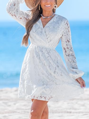 Image of CUPSHE Women Elegant V Neck Lace Peasant Sleeve Mini Summer Dress Elastic High Waist A Line Casual Wedding Guest Dress