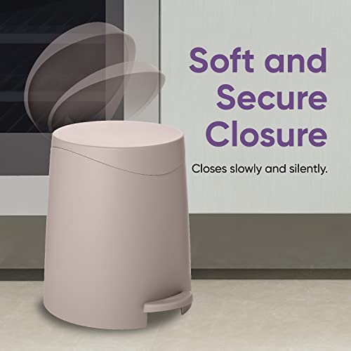 Image of Superio Mini Bathroom Trash Can with Lid 3 Liter, Plastic Waste Bin 0.75 Gallon, Modern Flat Lid Step On Trash Can with Foot Pedal, for Bathroom, Bedroom, Office, Under Desk, Soft Close (2, Taupe)