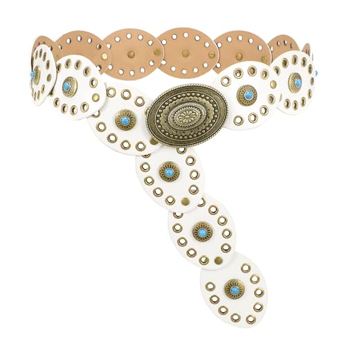 TRIWORKS Western Belts for Women Wide Cowgirl Disc Belt with Turquoise Boho Concho Leather Belt Country Belt for Dress White