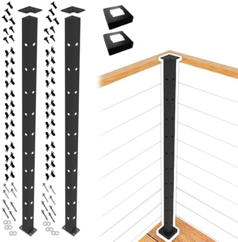 CHR Fence & Rail Handrail Post, 2pcs 38" Wrought Iron Black Metal Railing Post with Bracket, Metal Fence Post Kit Ideal for Deck Railing, Balcony Railing, Porch Railing, & Post for Wood Fencing