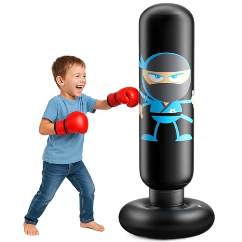 Boxsack Kinder Ninja Design 163cm Aufblasbarer Boxsäcke für Kinder Schnell Zurückspringender Boxset für Karate Taekwondo Spielzeug für Jungen und Mädchen 3-12 Jahre (Schwarz)
