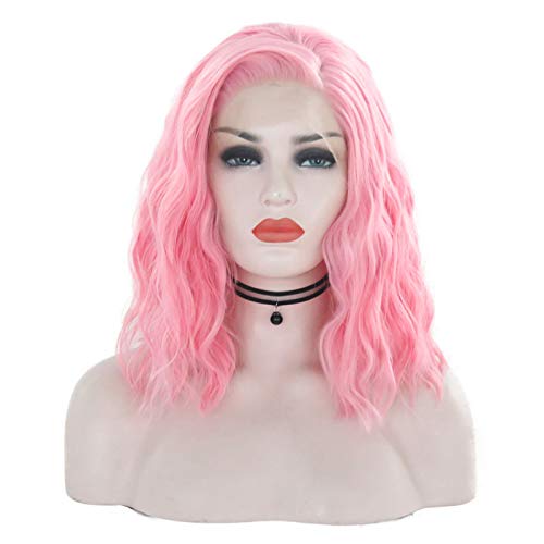 Perruque courte bouclée rose synthétique pour femme