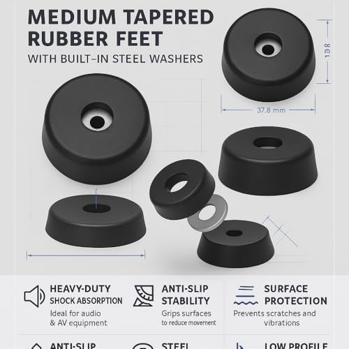Image of Penn Elcom Medium Tapered Rubber Feet with Built‑in Steel Washers, Set of 12 | Heavy‑Duty Non‑Slip Shock‑Absorbing Rubber Bumpers for Audio & AV Gear (O 37.8 mm x H 13.8 mm)