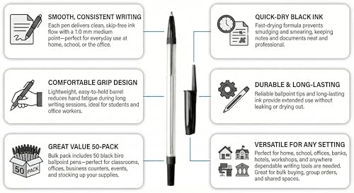 Note & Co Black Ballpoint Pens 50-Pack – Bulk Box of Biros for Office, School, Writing & Drawing – Medium Point 0.7mm, Smooth Quick-Dry Ink - Image 5