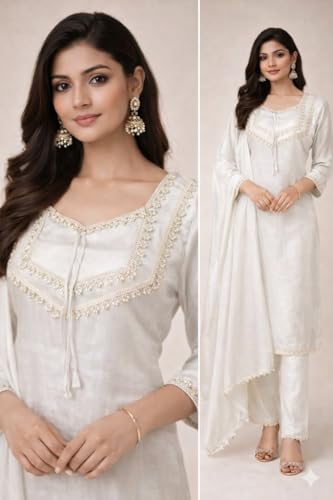 Image of Women's Ethnic Kurta Pant Suit Set, Lace Embellished Kurta with Palazzo Pants and Dupatta.