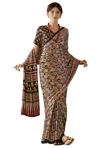 Image of SAREE MALL Women's Ajrkh Print Satin Crepe Polka Dot Printed Saree With Unstitched Blouse Piece
