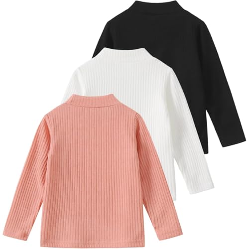Girl's Striped Knitted Sweater, Half high Neck Long Sleeved, Black, White and Pink Inner top2