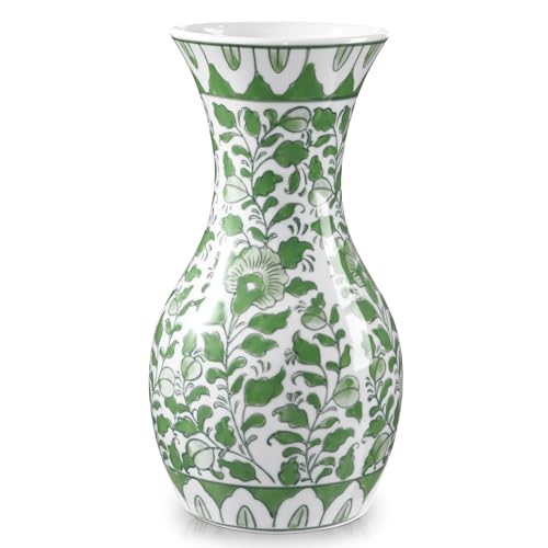 Hollyone Jarrón de porcelana verde y blanco de 27 cm, jarrón estético de cerámica para flores, jarrón decorativo para sala de estar, baño, cocina, decoración de mesa