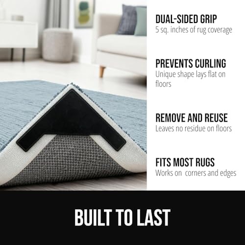 Image of GORILLA GRIP 8 Pack Extra Wide Dual Sided Rug Gripper Pads, Holds Carpet in Place on Hardwood Floors and Tile, Removable Reusable Sticky Corner Grippers, Universal Fit Floor Pad for Under Area Rugs