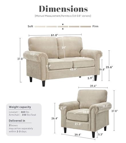 Image of Kingfun Loveseat 2 Seater Couch with Chair, Mid Century Modern Chenille Sofa Set with Rolled Arms and Deep Seats, Fluffy Comfort for Living Room, Apartment, Easy Assembly, Khaki