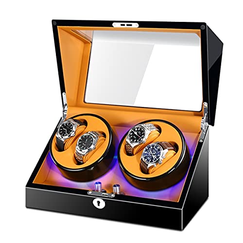 FENOKD Watch Display Box High End Watch Winder for 4 Watches with Soft Flexible Watch Pillows Blue Led Light Open and Shut Down Featured Piano Paint Exterior