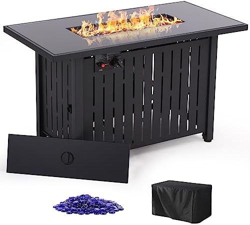 43 in Propane Fire Pit Table, 50,000 BTU Auto-Ignition Fire Pit Table, Gas Fire Pits for Outside with Glass Stone, with Waterproof Cover, CSA Certification for Garden/Patio/Backyard.