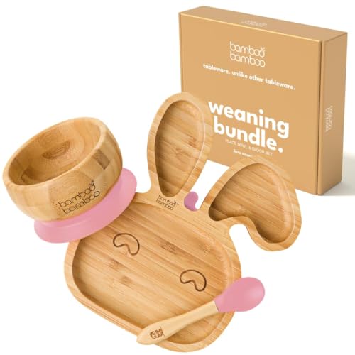 Image of Bamboo Baby Bowl and Plate with Suction - Kids and Toddler Suction Cup Plate for Babies, Non-toxic All-Natural Bamboo Baby Food Plate Stays Cool to the Touch for Baby-Led Weaning (Bundle Pink)