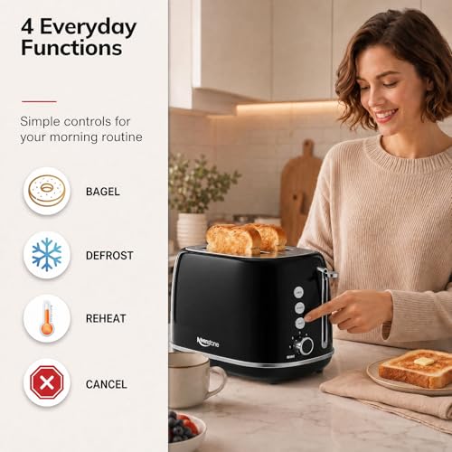 Image of 2 Slice Retro Stainless Steel Toaster with Bagel, Cancel, Defrost Function and 6 Bread Shade Settings Bread Toaster, Extra Wide Slot and Removable Crumb Tray (Black)