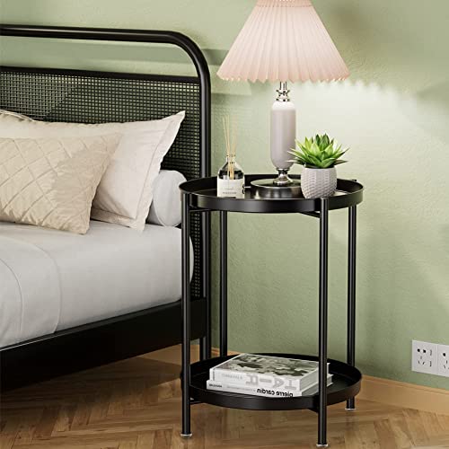 Tray Metal End Table Side Table Round Tray Removable Tray Outdoor & Indoor Drink Snack Coffee Table Telephone Table (Ancient Pine) #TOP1