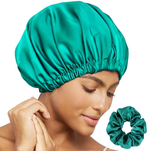 Satin Bonnet Silk Bonnet for Sleeping Women Double Layer Hair Bonnet Wrap Sleep Cap Gifts for Women Curly Hair Green