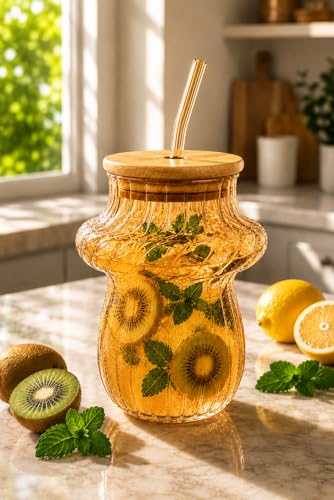 Image of Glass Tumblers with Wooden Lid and Glass Straw, 400ml, Borosilicate Glass, for Coffee, Iced Coffee, Juice and Smoothies, Coffee Mug, Sipper, Glass Tumbler (Golden - Mushroom Shape)