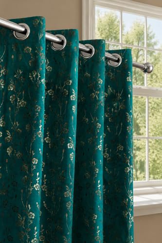 Image of Velvet Golden Foil Flower Pattern Curtains 5 Feet Long Pack of 1 pc, Turquoise