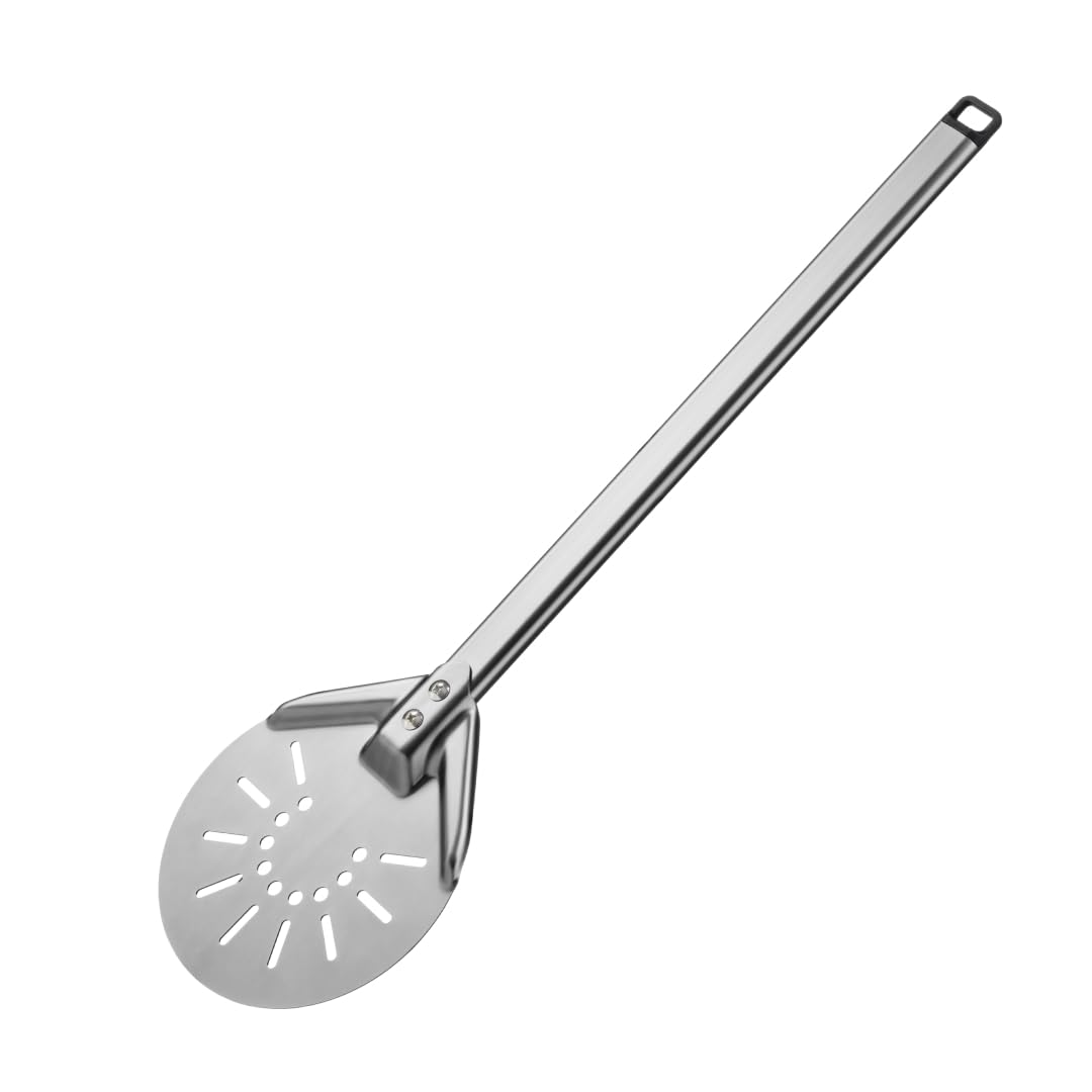 Pala perforada para pizza, diámetro de 17,8 cm, pala para pizza, espátula de aluminio con mango largo, bandeja para pizza casera, pan