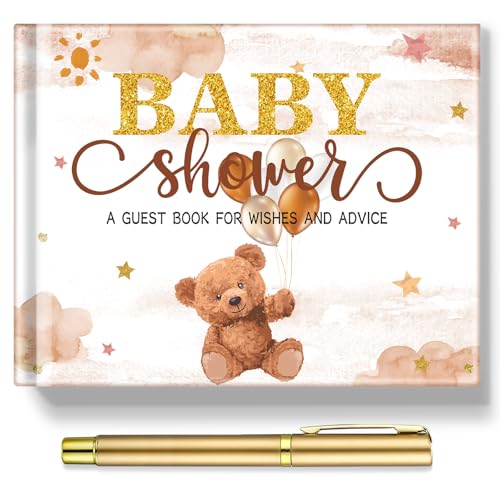 Image of Fuyoooo 27 Pcs Brown Bear Baby Shower Guest Book Set Baby Shower Sign in Guest Floral Book Place Table Cards with Gold Pen Adhesive Photo Corner for Birthday Party