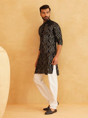 Image of SOJANYA (Since 1958 Men's Embroidered Sequinned Cotton Kurta With Churidar Pyjama Set