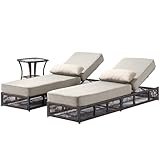 ACTREST Luxury Outdoor Chaise Lounge Chairs of 2 with 5 Inch Thick Cushions and Side Table - 3 PCS High Back Brown Wicker Rattan Patio Recliners Lounger Furniture Set for Poolside Sunbathing - Beige