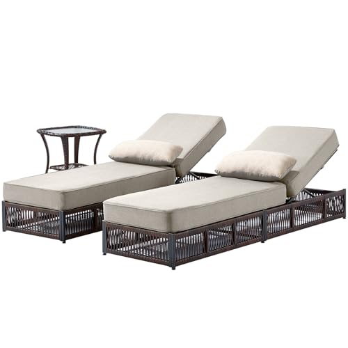 ACTREST Luxury Outdoor Chaise Lounge Chairs of 2 with 5 Inch Thick Cushions and Side Table - 3 PCS High Back Brown Wicker Rattan Patio Recliners Lounger Furniture Set for Poolside Sunbathing - Beige
