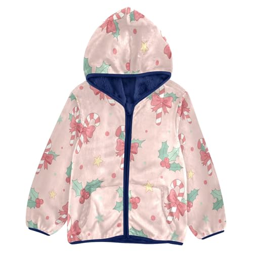 Candy Canes with Holly Leaves Toddler Fleece Jacket Girl Boys Hooded Fleece Jacket Coat Warm Outwear Zip-up 3-10T