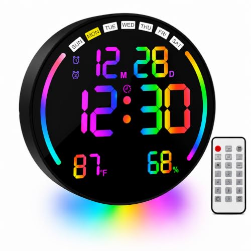Image of AERYS 10 inch RGB Digital Alarm Wall Clock Table Clock with Remote, Auto Dimmer,Temperature, Humidity, Dual Alarms, for Living Room, Gym, Garage, Gift, Home Decor(RGB Round Wall Clock) (1 Year Warranty)