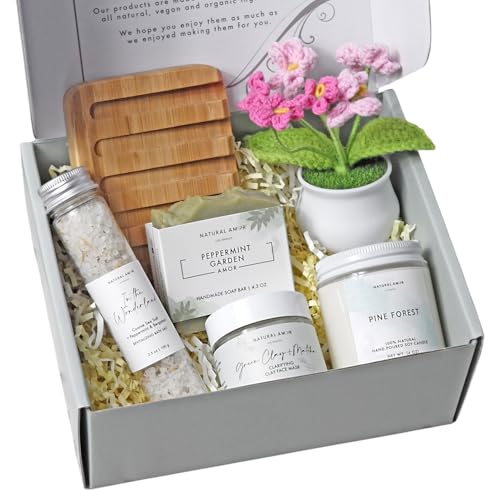 Natural Amor Spa Gift Basket for Women – Handmade Soap, Candle, Bath Salts, Crochet Flower Gift Set, Relaxing Self Care Birthday, Thank You Gift